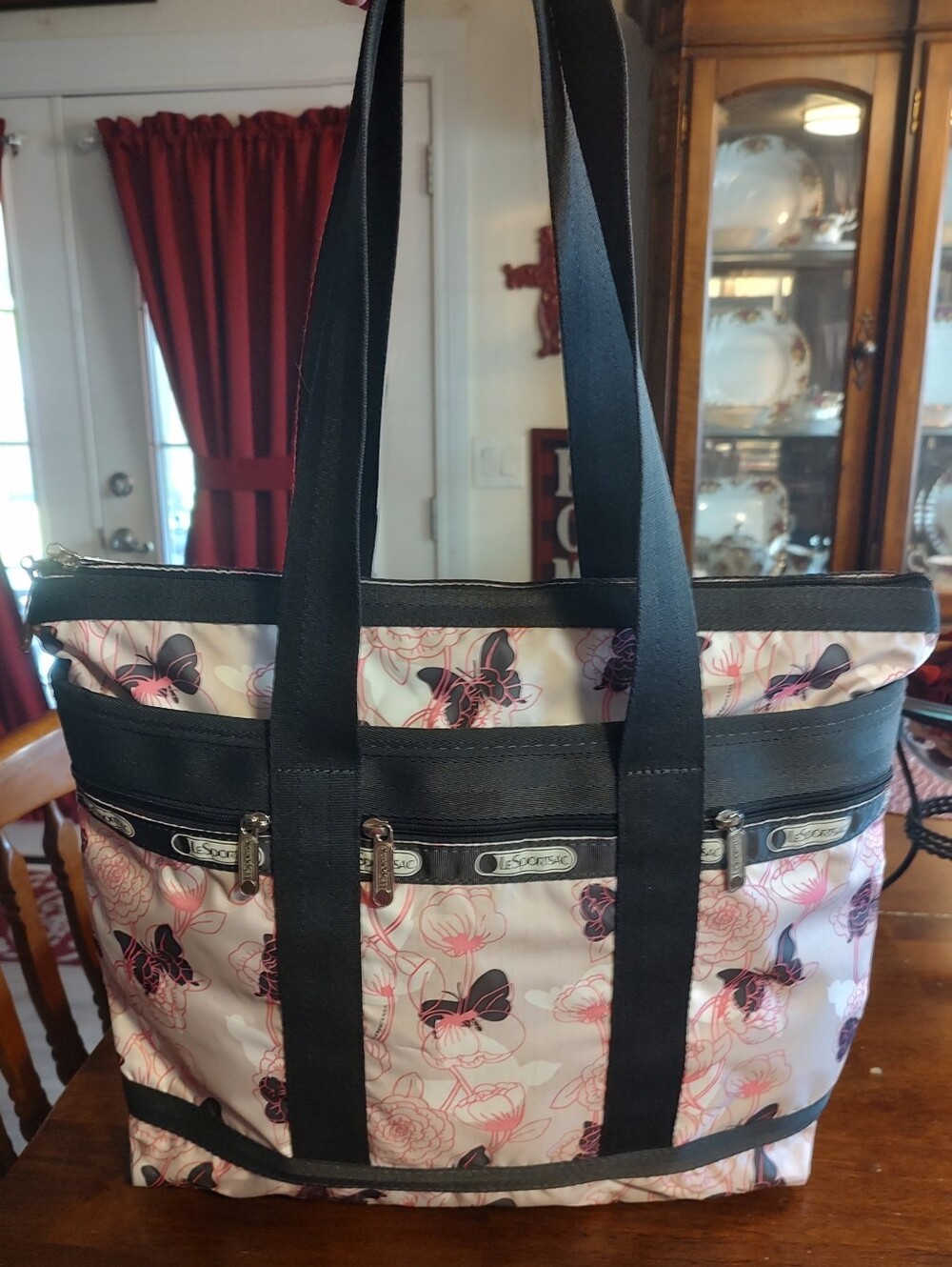 Lesportsac Pink Butterfly Print Nylon Tote with Black Straps